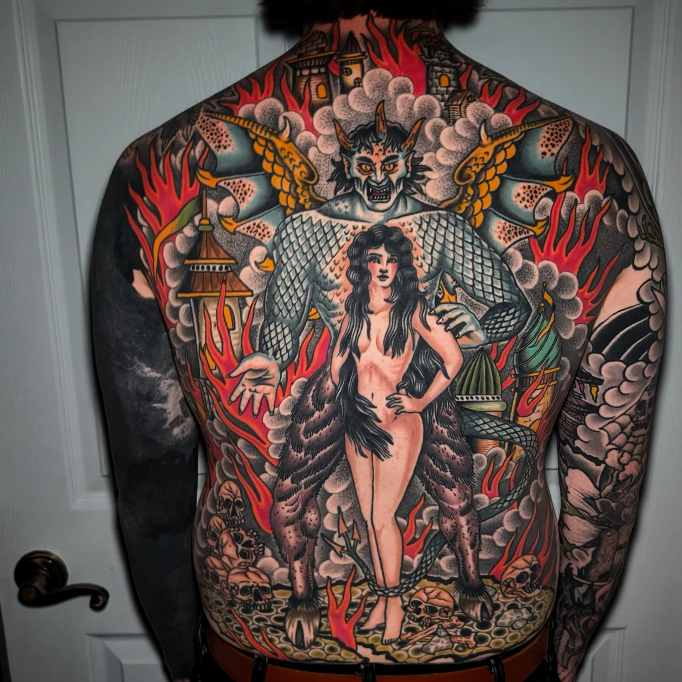 Fire and Shadow Backpiece — Large Scale tattoo by Daniel Gerbis at Inkvision Tattoo in Boise, Idaho