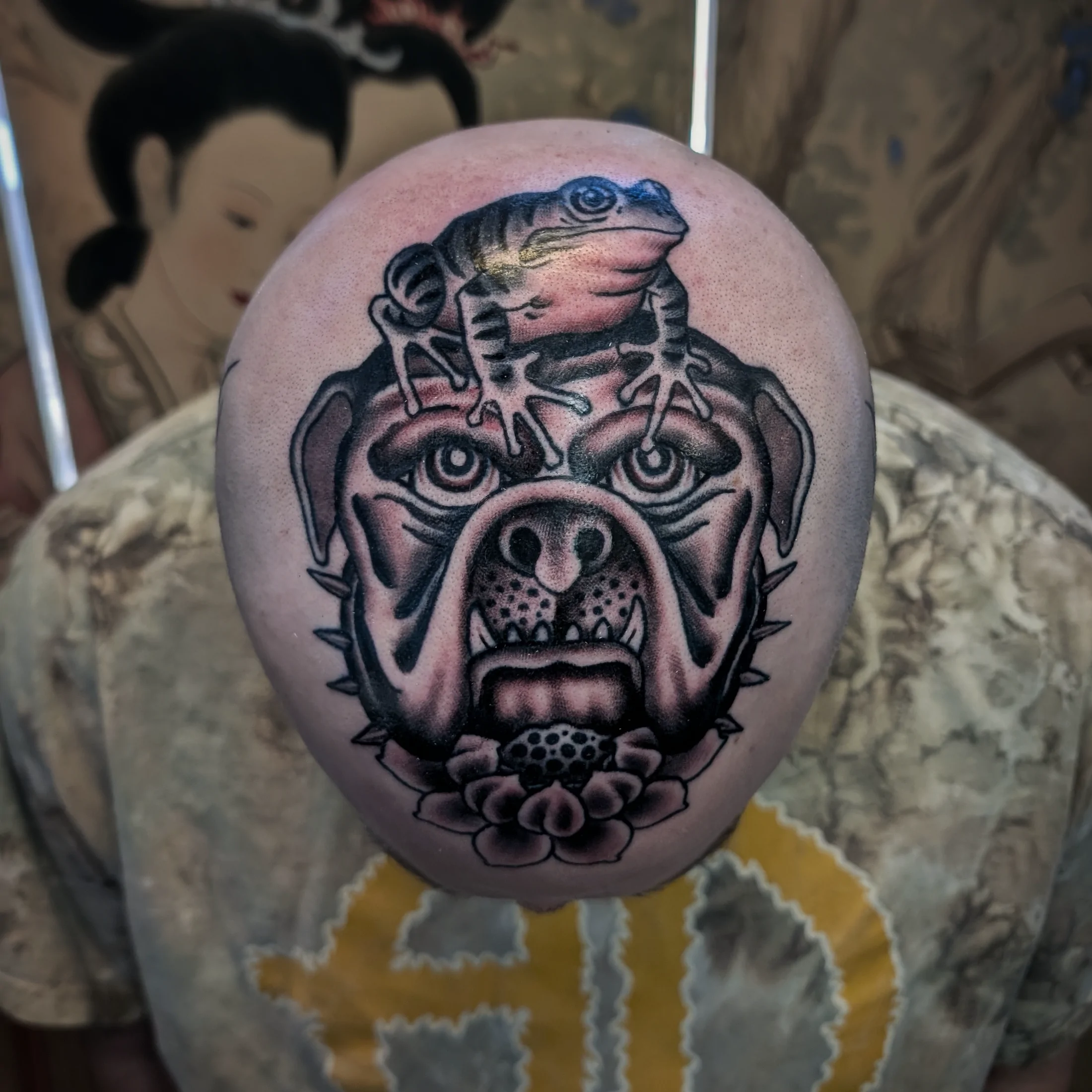 Frog and Guardian — Traditional tattoo by Daniel Gerbis at Inkvision Tattoo in Boise, Idaho