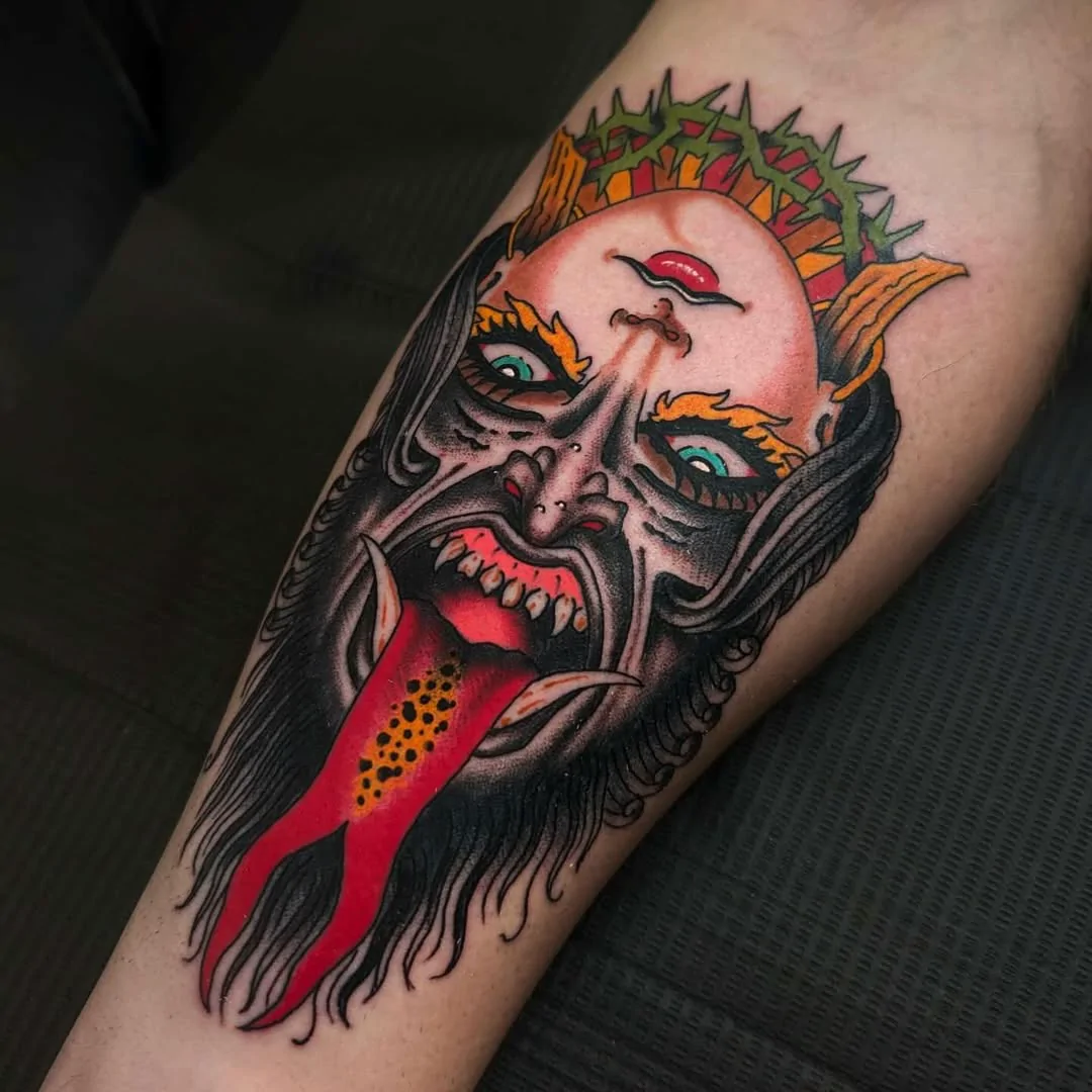 Demon Portrait — Traditional tattoo by Daniel Gerbis at Inkvision Tattoo in Boise, Idaho