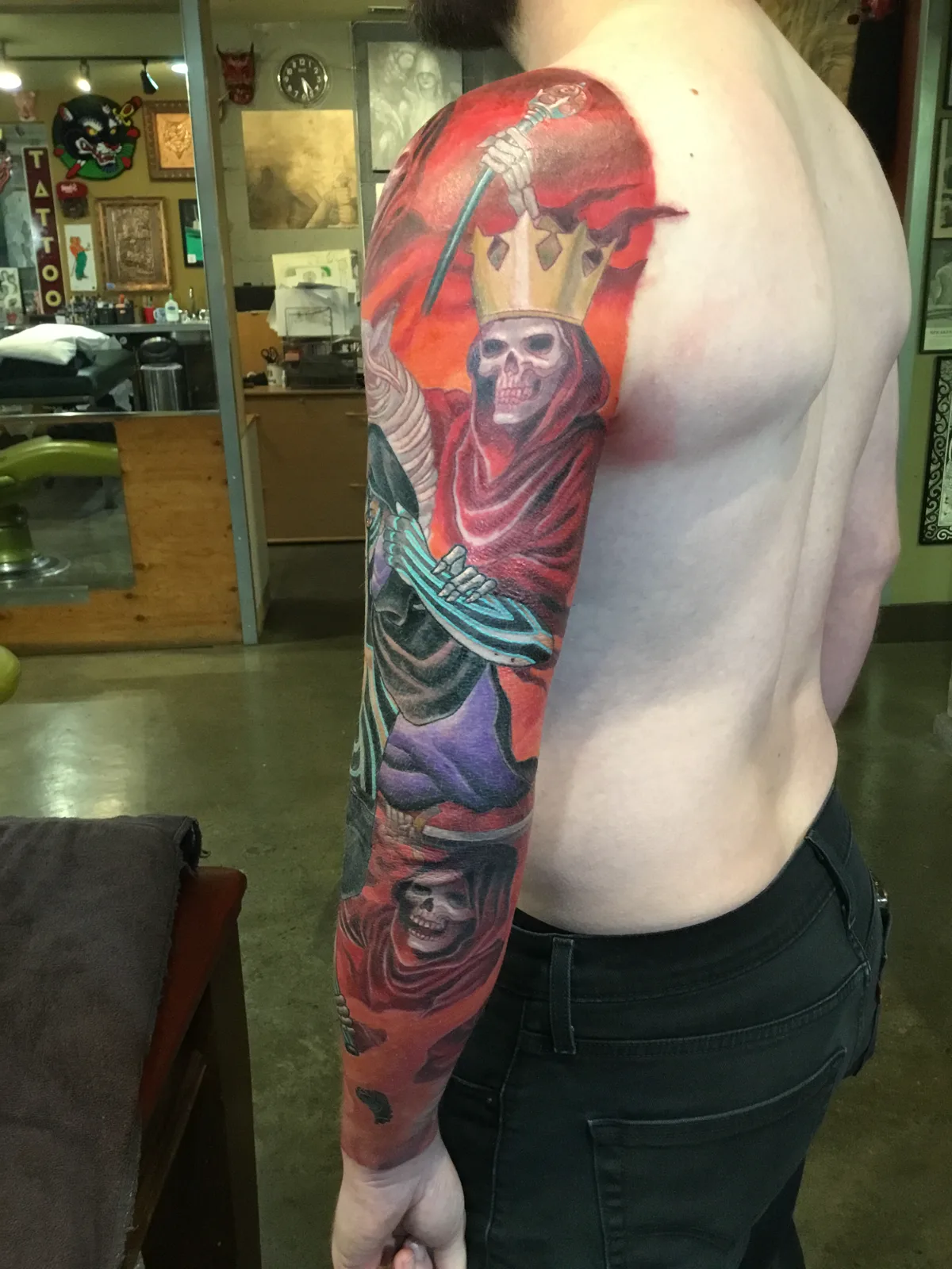 Reaper King Sleeve — Realism tattoo by Erik Payne at Inkvision Tattoo in Boise, Idaho