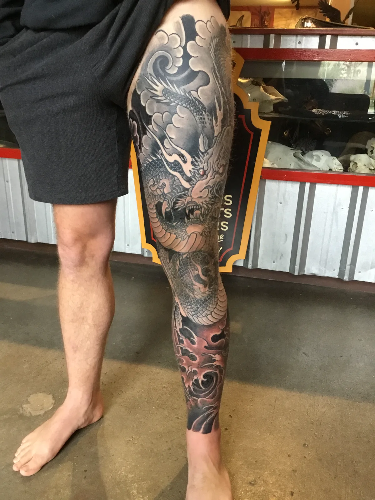 Cloud Dragon Leg Sleeve — Japanese tattoo by Erik Payne at Inkvision Tattoo in Boise, Idaho